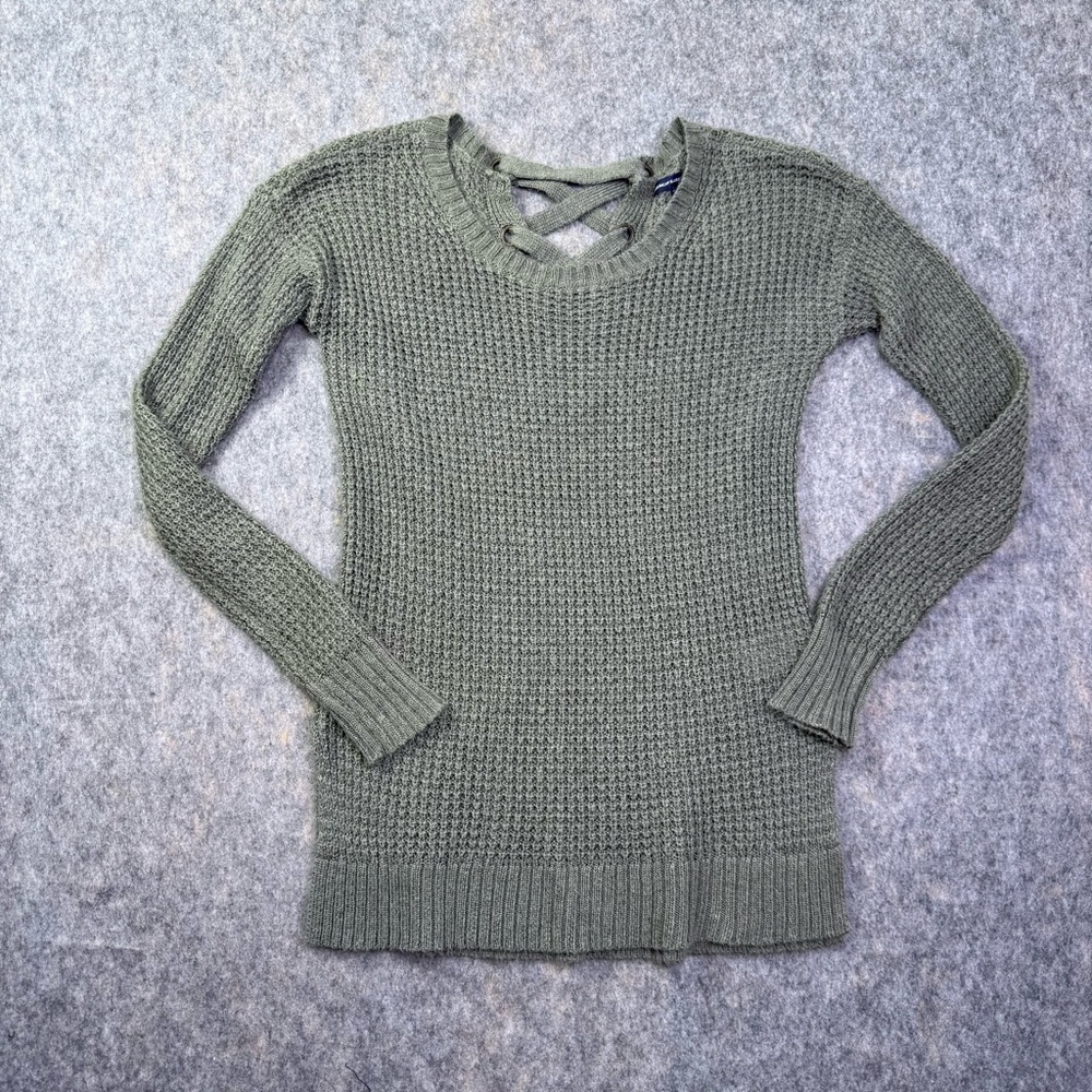 American Eagle Sweater Women's Size XS Green Lace-Up Back Waffle Knit Grunge Y2K